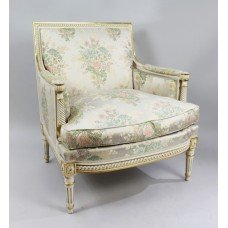 Italian Painted & Gilt Carved Wood Silik Upholstered Armchair