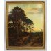 Large Antique Romantic Landscape at Sunset Oil on Canvas