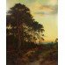 Large Antique Romantic Landscape at Sunset Oil on Canvas