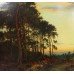 Large Antique Romantic Landscape at Sunset Oil on Canvas