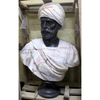 Large Classical Style Carved Marble Bust of Turbanned Man