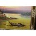 Large Oil Painting Far East Sunset Landscape Signed Set in Gilt Frame