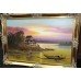 Large Oil Painting Far East Sunset Landscape Signed Set in Gilt Frame