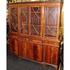 Large Flame Mahogany Inlaid Glazed Breakfront Bookcase