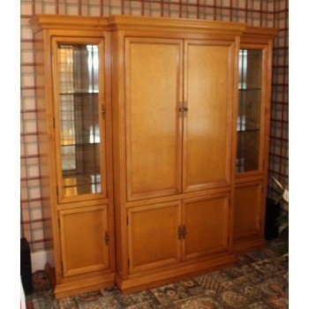 Large Heavy Cherry Wood Finish Television Cabinet Surmounted by Display Cabinets