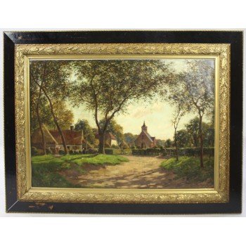 Large Late 19th c. Village Landscape Oil on Canvas