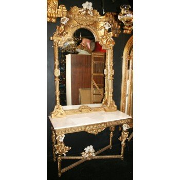 Large Marble Topped Gilt Side Table & Ornate Mirror