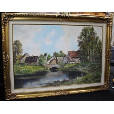 Large Oil Painting Landscape Signed Set in Gilt Frame