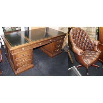 Quality Large Leather Topped Antique Style Pedestal Desk & Leather Chair