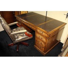 Leather Topped Antique Style Pedestal Desk & Buttoned Leather Swivel Chair