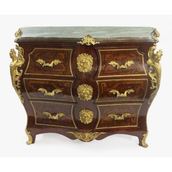 Louis XV Style Inlaid Marble Topped Bombe Commode
