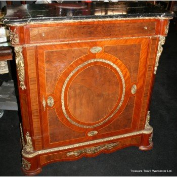 Marble Topped French Empire Style Walnut Inlaid Side Cabinet