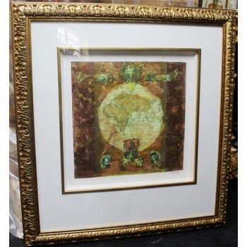Mixed Media 'Globe' Artwork by S.Sokol Hohne Set in Carved Giltwood Frame