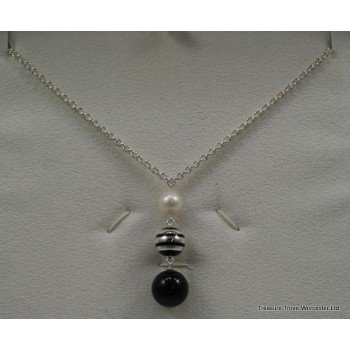 Mont Blanc Silver Onyx & Pearl Pendant Necklace