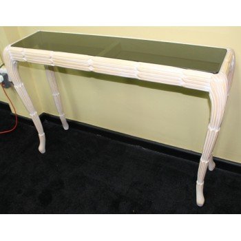 Decapé Finish Carved Wood Narrow Side Console Table with Smoked Glass Top