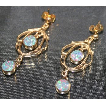 Fine Pair of Elegant 9ct Art Nouveau Style Opal Drop Earrings