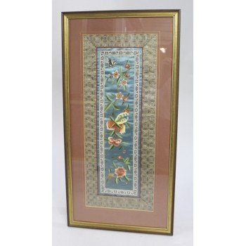 Oriental Silk Needlework Wall Hanging in Gilt Frame