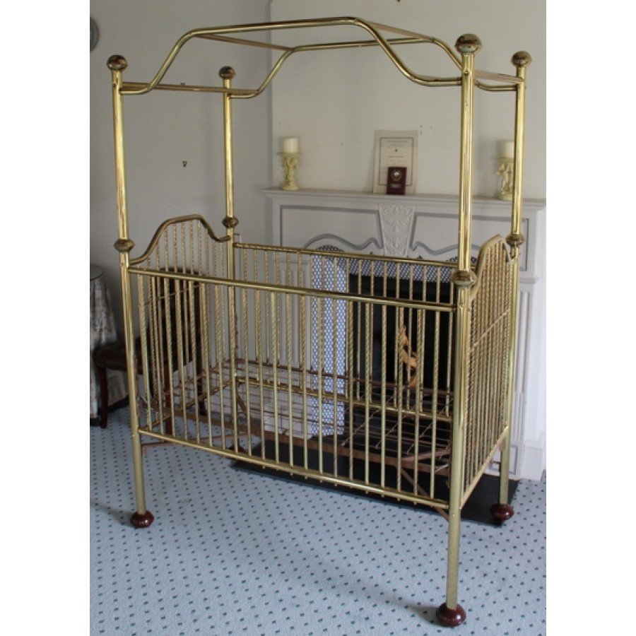 Ornate Brass Four Poster Baby Crib Cot With Canopy Bedding Lace