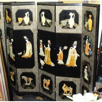 Ornately Decorated Oriental Chinoiserie Relief Lacquer Six Fold Screen