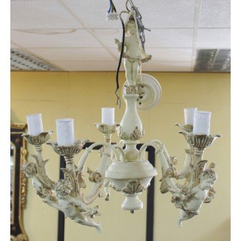 Vintage French Style Painted Cream Cherubic 5 Arm Chandelier