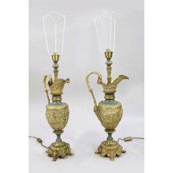 Pair of Antique Ormolu Ewer Form Table Lamps