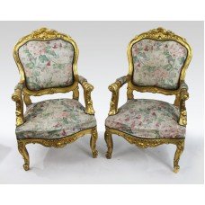 Pair of Carved Giltwood Louis XV Style Upholstered Armchairs