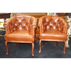 Pair of Button Back Tan Leather Club Armchairs