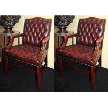 Pair of Mahogany Buttoned Red Leather Studded Library Chairs