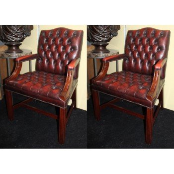 Pair of Mahogany Buttoned Red Leather Studded Library Chairs