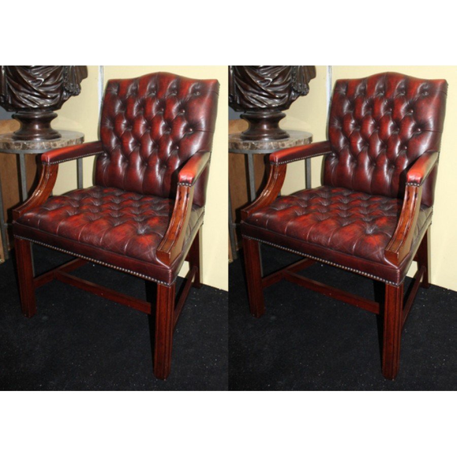 Pair of Mahogany Buttoned Red Leather Studded Library Chairs