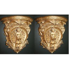 Pair of Gilded Hand Carved Cherubic Wall Brackets