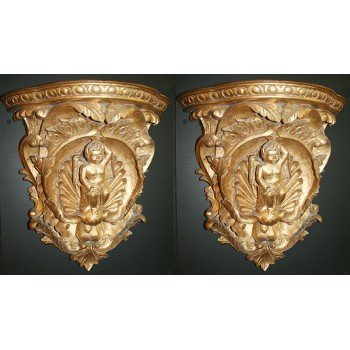 Pair of Gilded Hand Carved Cherubic Wall Brackets