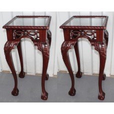Pair of Carved Mahogany Glass Topped Pedestal Stands
