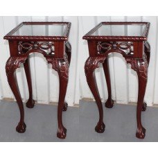 Pair of Carved Mahogany Glass Topped Pedestal Stands