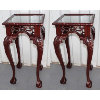 Pair of Carved Mahogany Glass Topped Pedestal Stands