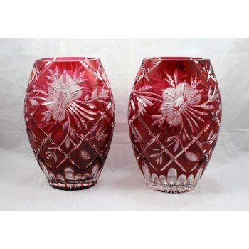 Pair of Ruby Cut Glass Overlay Crystal Ovoid Vases