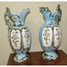 Pair of Early 20th c. Glazed Decorative English Ceramic Ewers