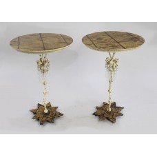 Pair of Decorative Gold Leaf Metal & Crystal Side Tables