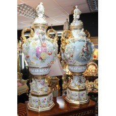 Pair of Ornate 5 ft Dresden Floral Lidded Urns