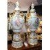 Pair of Ornate 5 ft Dresden Floral Lidded Urns