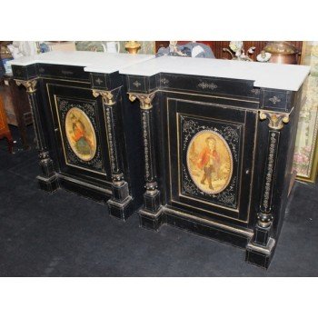 Pair of 19th c. Ebonized Marble Topped Inverted Breakfront Side Cabinets