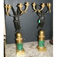 Pair of 19th c. French Ormolu, Bronze & Malachite Candelabras