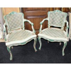 Pair of French Style Double Bergere Chateau Green Armchairs