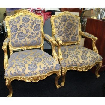 Pair of Gilt Louis XV Style Upholstered Fauteuil Armchairs