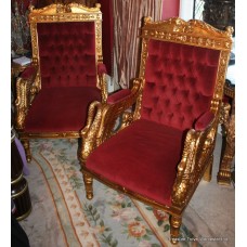 Stunning Pair of Carved Giltwood Red Velvet Swan Throne Chairs