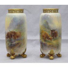 Pair of Harry Stinton Painted Cattle Vases by Royal Worcester 1937