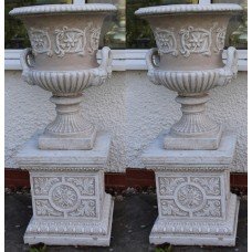 Pair of Heavy Composite Stone Garden Urns on Pedestals