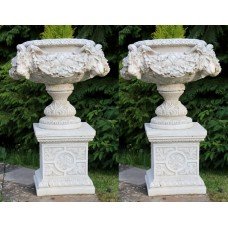 Pair of Heavy Composite Stone Ram's Head Garden Urns on Pedestals