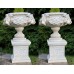 Pair of Heavy Composite Stone Ram's Head Garden Urns on Pedestals