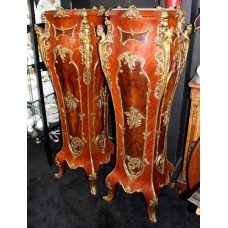 Pair of Louis XV Style Marble Topped Ormolu Mounted Inlaid Pedestals